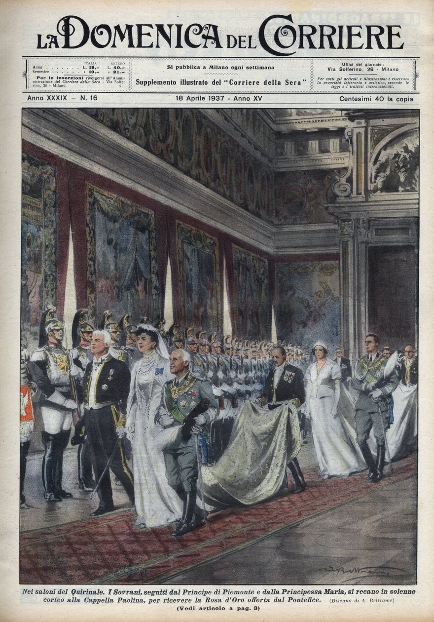 Kungaparet, Victor Emmanuel III (Victor-Emmanuel) (Vittorio Emanuele III) (1869-1947) och hans hustru Helene av Montenegro följt av prins Humbert (Umberto) II och Mary Jose (Marie-Jose av Belgien, Maria José av Savoie) ) gå till Paolina Chapel (Paol av Achille Beltrame