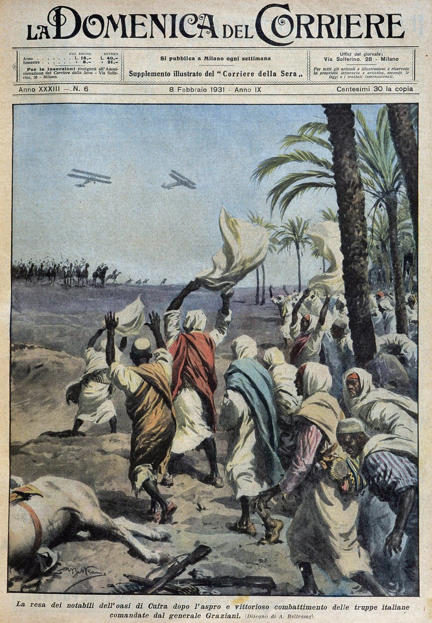 Överlämnandet av notabiliteterna i oasen Koufra (Qufra eller Cufra, Libyens Sahara) efter det svåra och segerrika slaget mellan de italienska trupperna under befäl av general Graziani - dess. de A. Beltrame i "" la Domenica del Corriere"" av 1931-02-08 av Achille Beltrame
