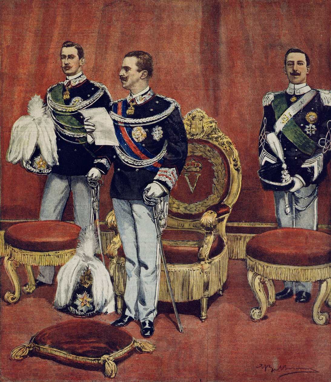 Svärningen av kung Vittorio Emanuele III i senatens kammare i Rom, av Achille Beltrame (1871-1945), från La Domenica del Corriere av Achille Beltrame