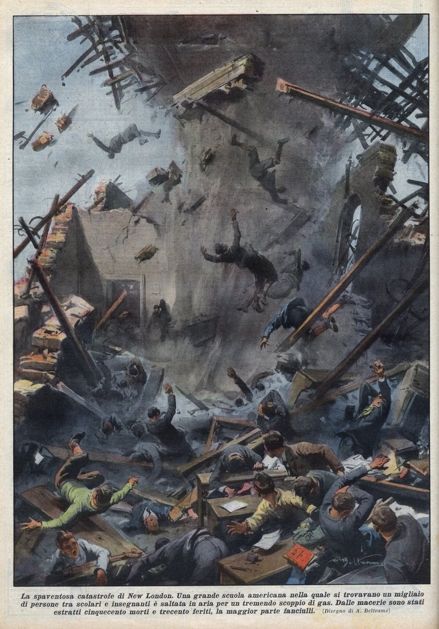 Tragedin med en skolexplosion i New London, Texas, orsakad av en gasläcka den 18 mars. Illustration av Achille Beltrame i "La domenica del Corriere"" av 1937-04-04. av Achille Beltrame