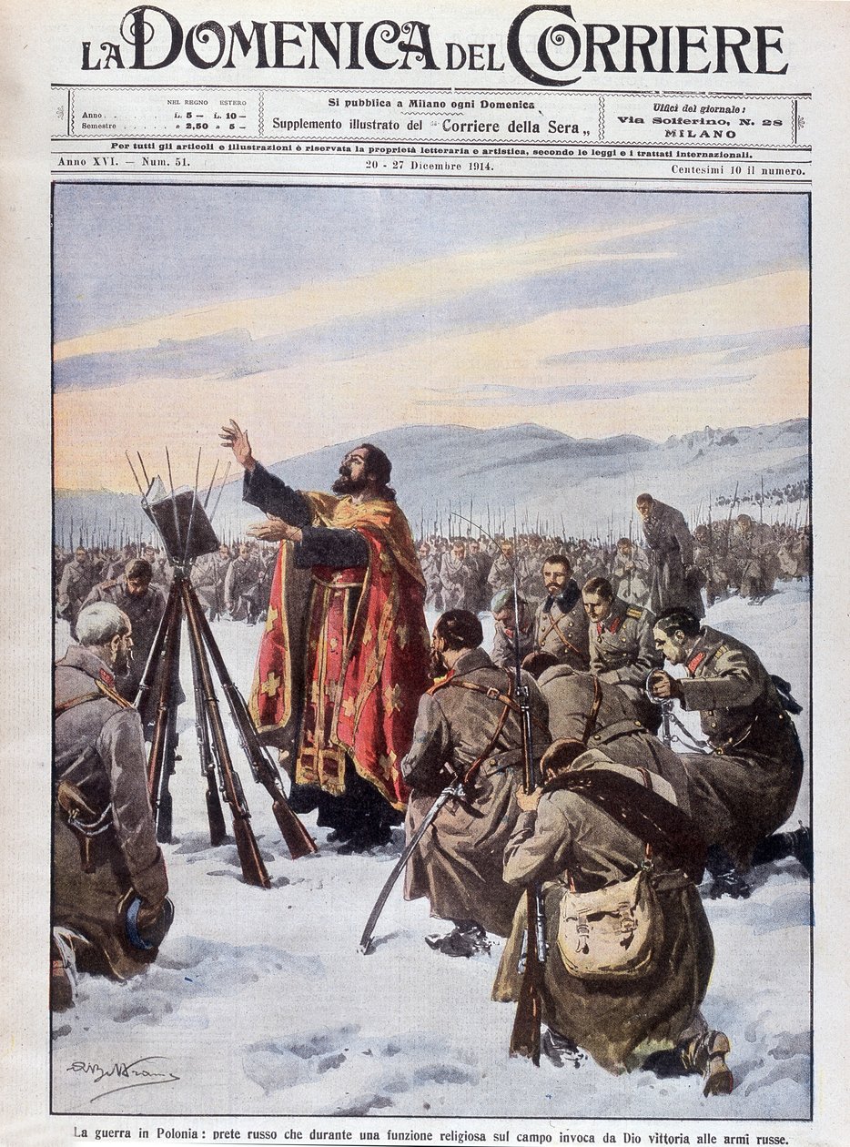 Kriget i Polen, en rysk präst som åkallar Gud för att hjälpa den ryska armén, vid en mässa på slagfältet. Framsidan av "La Domenica del Corriere" från 20 till 27 december 1914. av Achille Beltrame