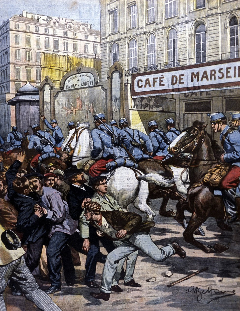 Arbetarstrejkerna i Marseille: husarerna som ansvarar på Canebière. Illustration av Beltrame. La Domenica del corriere. 1901. av Achille Beltrame