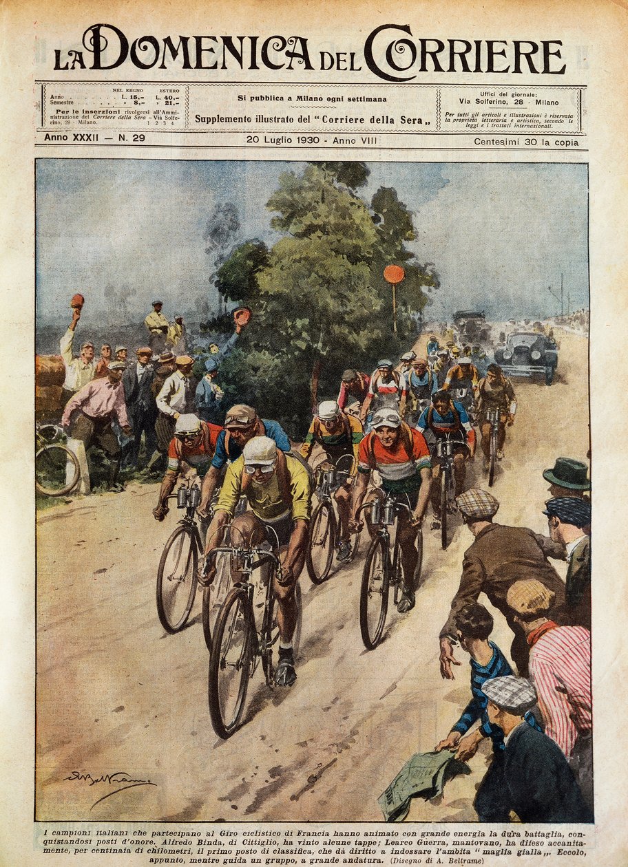 Tour de France, Learco Guerra (1902-1963) leder gruppen, illustration av Achille Beltrame (1871-9145) från La Domenica del Corriere, 20 juli. av Achille Beltrame