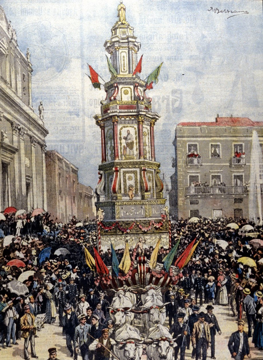 Traditionell siciliansk festival: en stridsvagn ledde i procession till Casteltermini (Girgenti). Sjuk. de Beltrame. Kurirens söndag. 1904. av Achille Beltrame