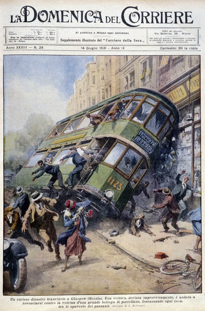 Spårvagnsolycka i Glasgow, Skottland: en av bilarna spillde över på en porslinsmonter och på förbipasserande - teckning av A. Beltrame, i "La Domenica del Corriere"" den 1 februari 1931. av Achille Beltrame