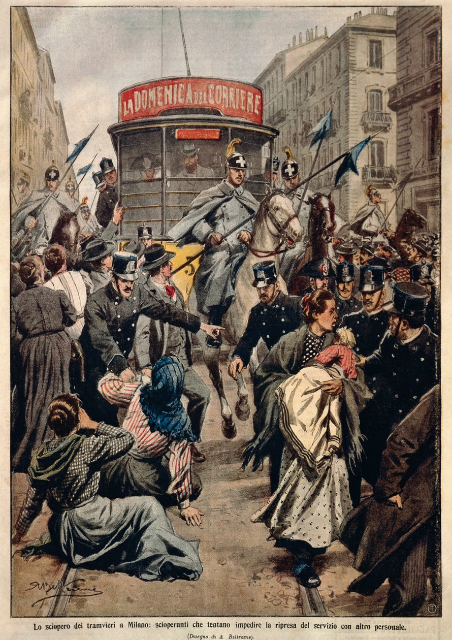 Spårvagnsstrejk i Milano, av Achille Beltrame, illustration, illustratör Achille Beltrame (1871-1945), från La Domenica del Corriere av Achille Beltrame