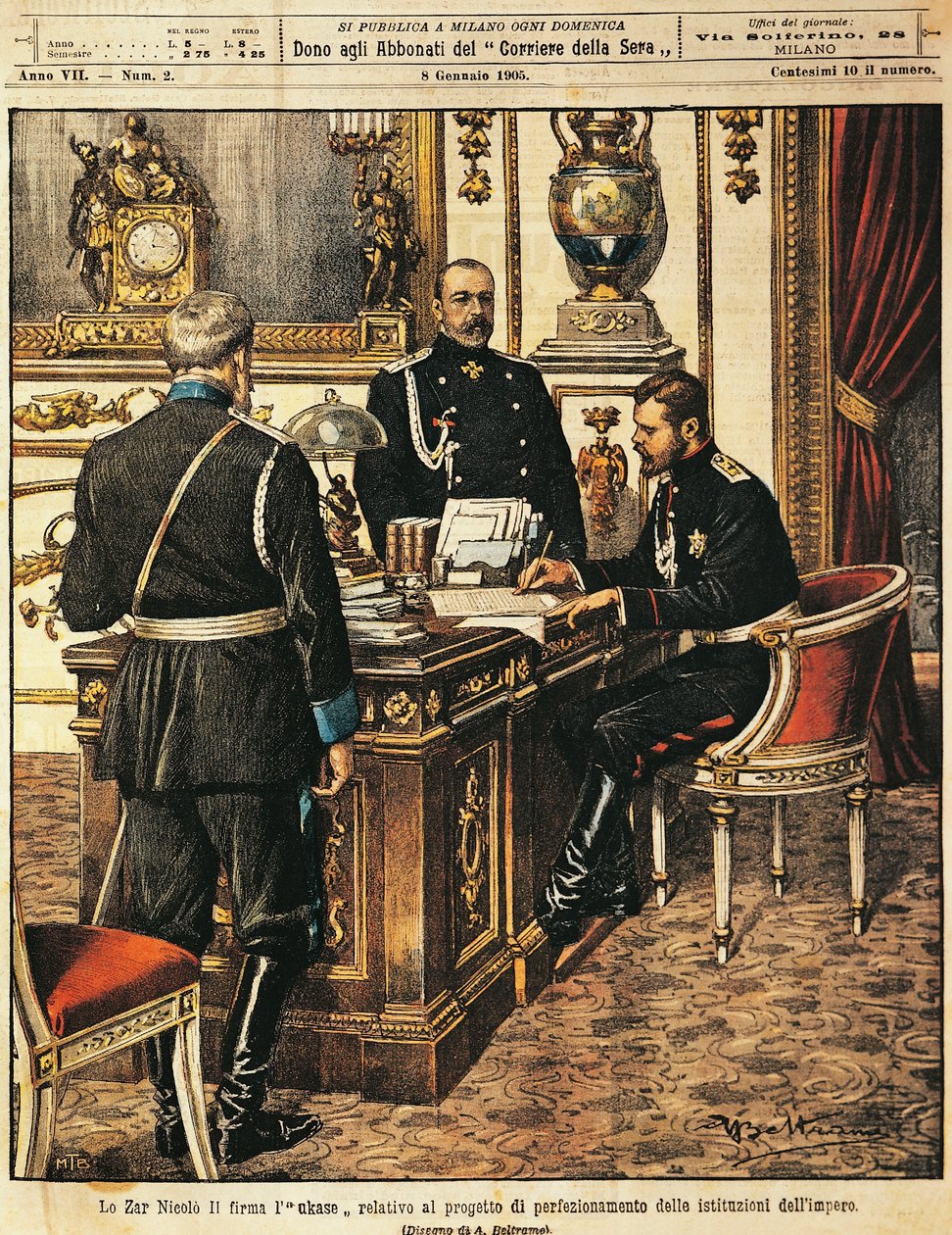 Tsar Nicholas II signeringsprojekt för institutionella reformer, av Achille Beltrame (1871-1945), från La Domenica del Corriere, 8 januari 1905 av Achille Beltrame