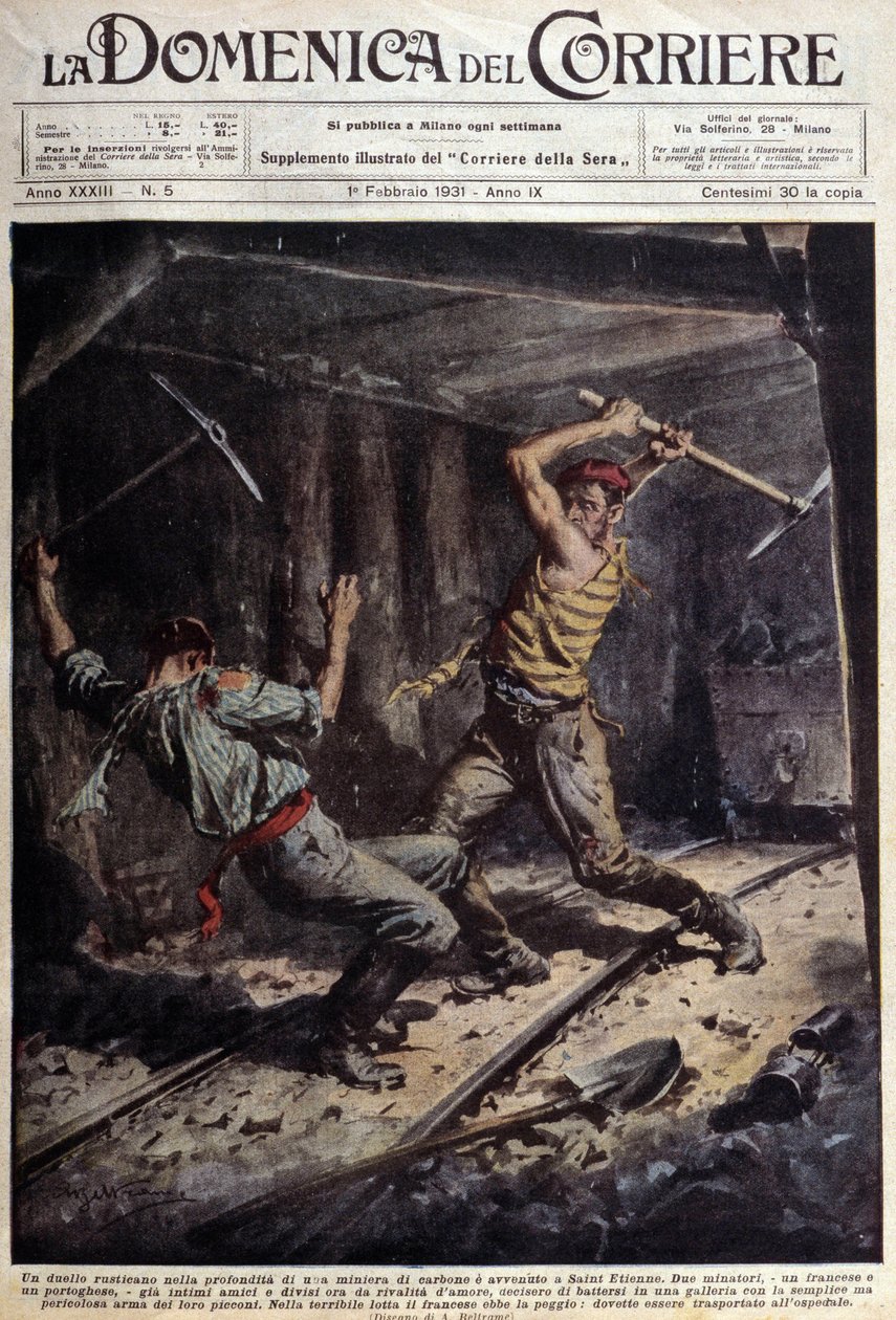 Två franska och portugisiska gruvarbetare slåss med sina yxor i ett galleri på grund av en kärlekshistoria - teckning av A. Beltrame, i "La Domenica del Corriere"" den 1 februari av Achille Beltrame