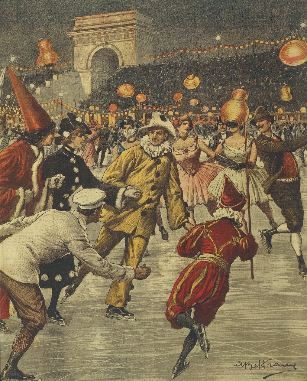 Typisk kostymfest på is på Aren i Milano, av Achille Beltrame, illustration, Illustratör Achille Beltrame (1871-1945), från La Domenica del Corriere av Achille Beltrame