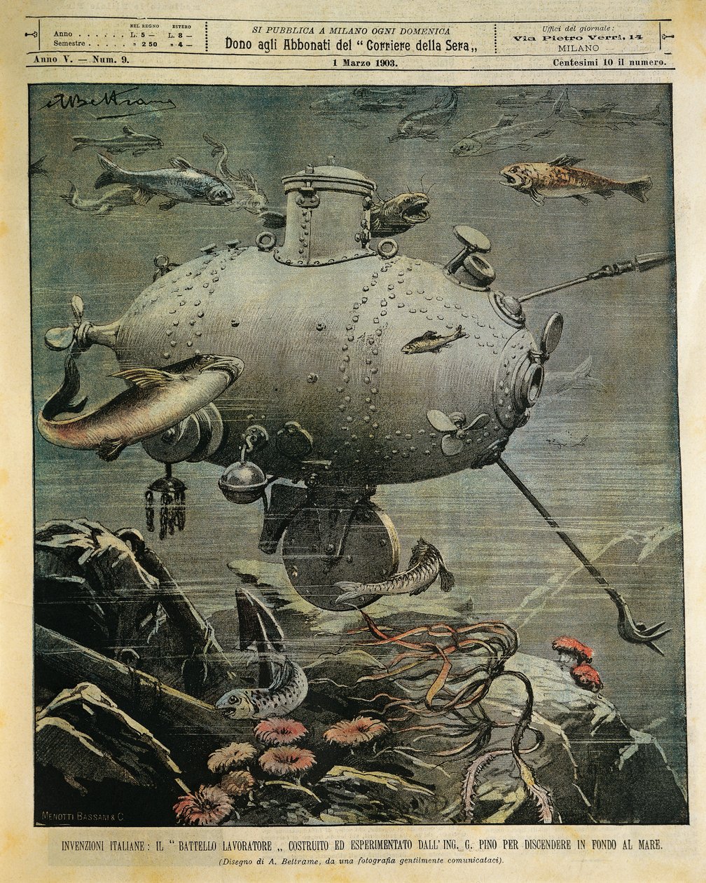 Havsfartyg under vatten för att utforska havsbotten, illustration av Achille Beltrame (1871-1945), från La Domenica del Corriere, 1 mars av Achille Beltrame
