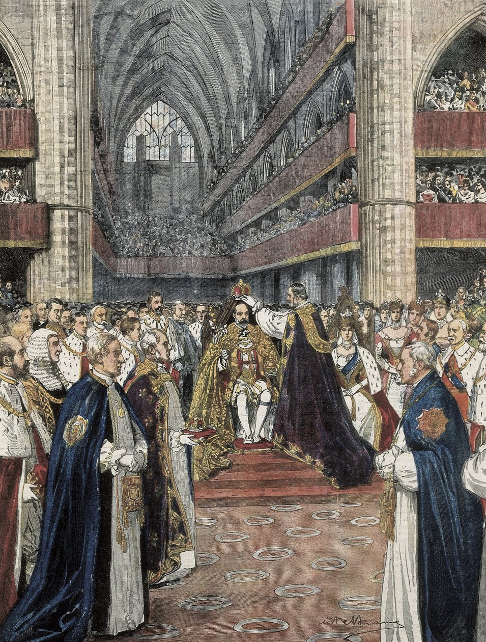 Storbritannien (1901). Kröning av Edward VII i Westminster Abbey. Illustration av Achille Beltrame publicerad i Domenica del Corriere. Gravyr. av Achille Beltrame