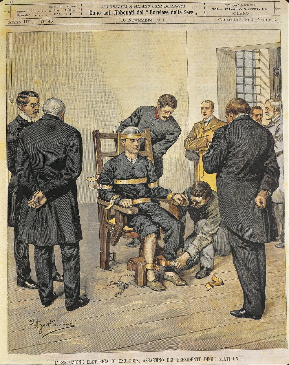 USA, 1900-talet, den elektriska stolens avrättning av Czolgosz, mördare av USA:s president McKinley, 29 oktober 1901 (konstverk från ett tidskriftsomslag) av Achille Beltrame