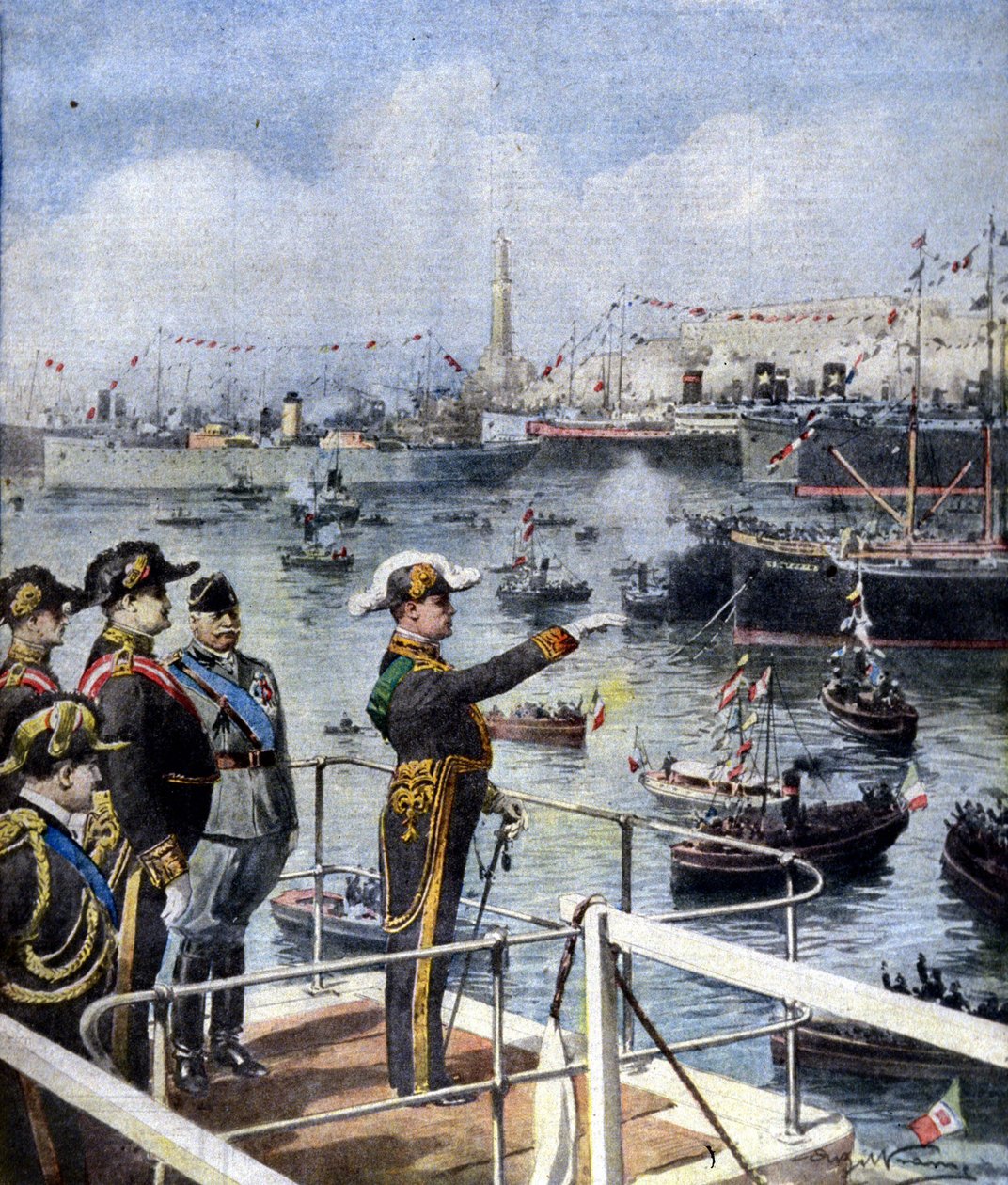 Besök av Benito Mussolini i Genua. The Duce hälsar staden från Esperia-bron. Sjuk. de Beltrame. Kurirens söndag, 1926-06-06. av Achille Beltrame