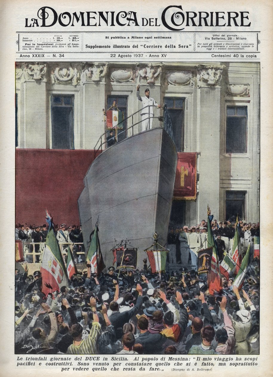 Besök av hertigen Benito Mussolini i Messina under en resa till Sicilien. Illustration av Achille Beltrame från "La domenica del corriere"" av 1937-08-22. av Achille Beltrame