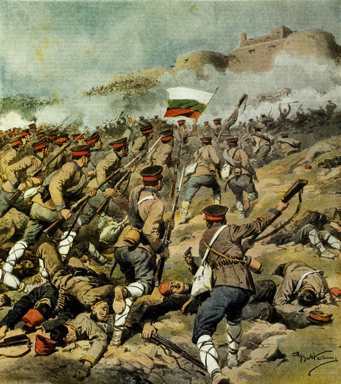 War of Five Nations, den bulgariska armén rycker fram mot Adrianopel och fångar Kirk Kilisse och imponerande militärbyte, av Achille Beltrame (1871-1945), illustration från La Domenica del Corriere, 3 november 1912 av Achille Beltrame