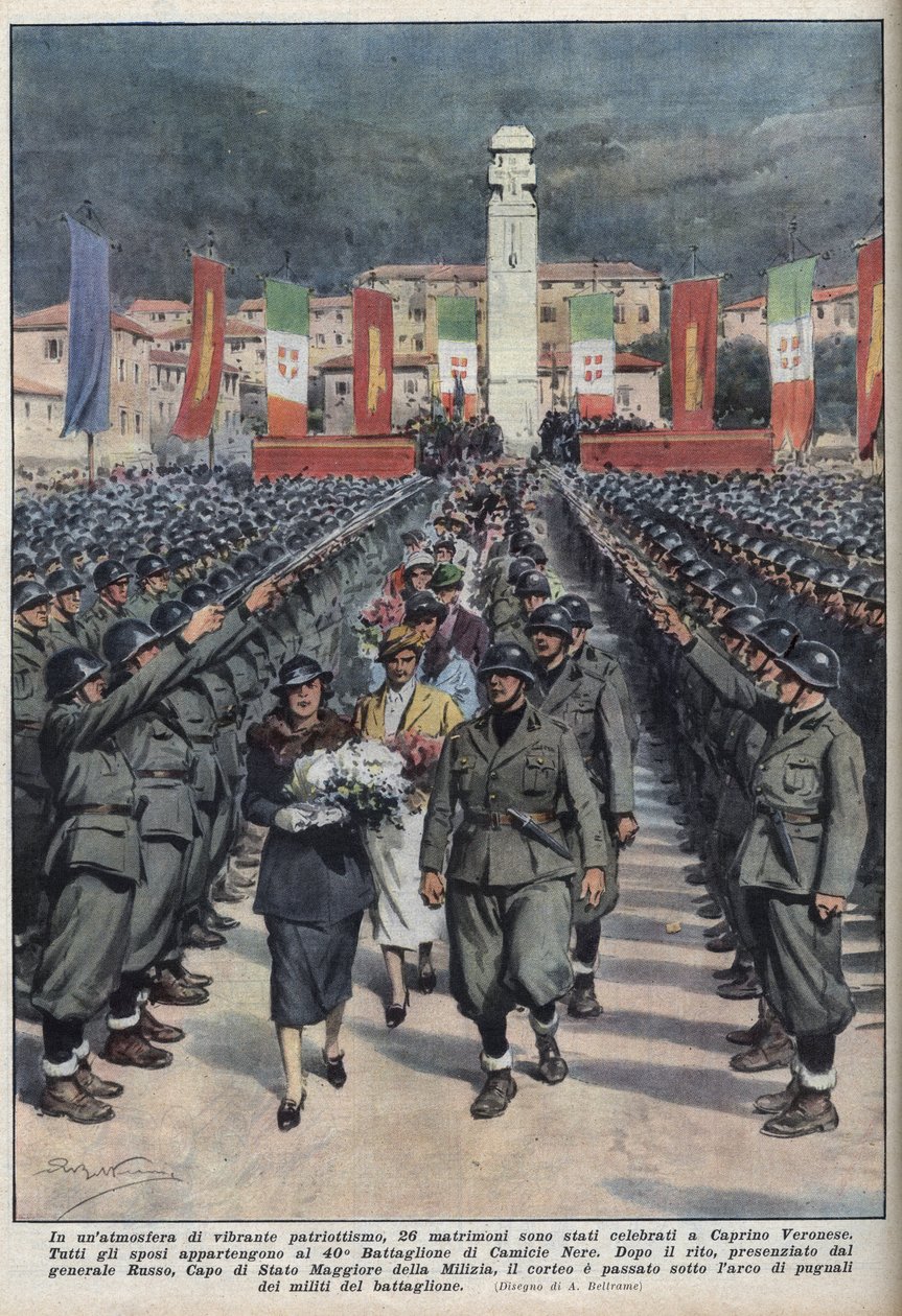 Bröllopsceremoni för medlemmar av svarta skjortor i Veronese Caprino en Venetie Illustration av Achilles Beltrame de "" La Domenica del corriere "" "av 1937-10-10. av Achille Beltrame