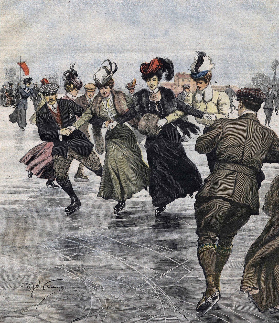 Vinterkul. Skridskoåkare. illustration av Achille Beltrame 1907. av Achille Beltrame