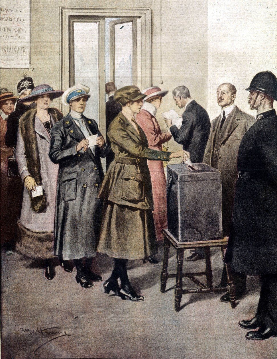 Kvinnor röstade för första gången i England. 1919. Illustration av A. Beltrame. La Domenica del Corriere. av Achille Beltrame