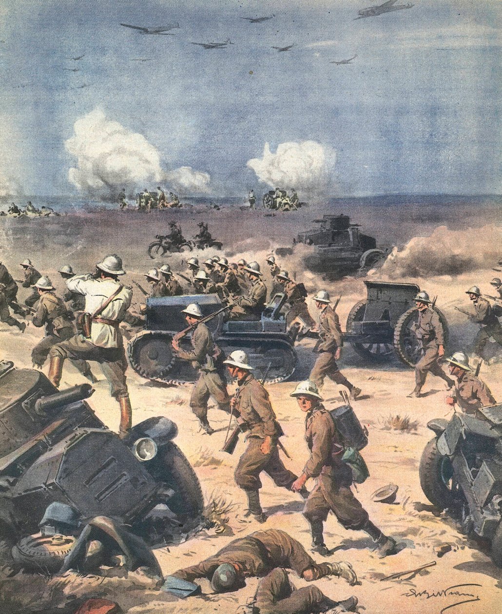Andra världskriget. Libyen (nordafrikansk kampanj). Italienska trupper i Cyrenaica går vidare till Egypten. Illustration av Antonio Beltrame. "La Domenica del Corriere". 22 september av Achille Beltrame