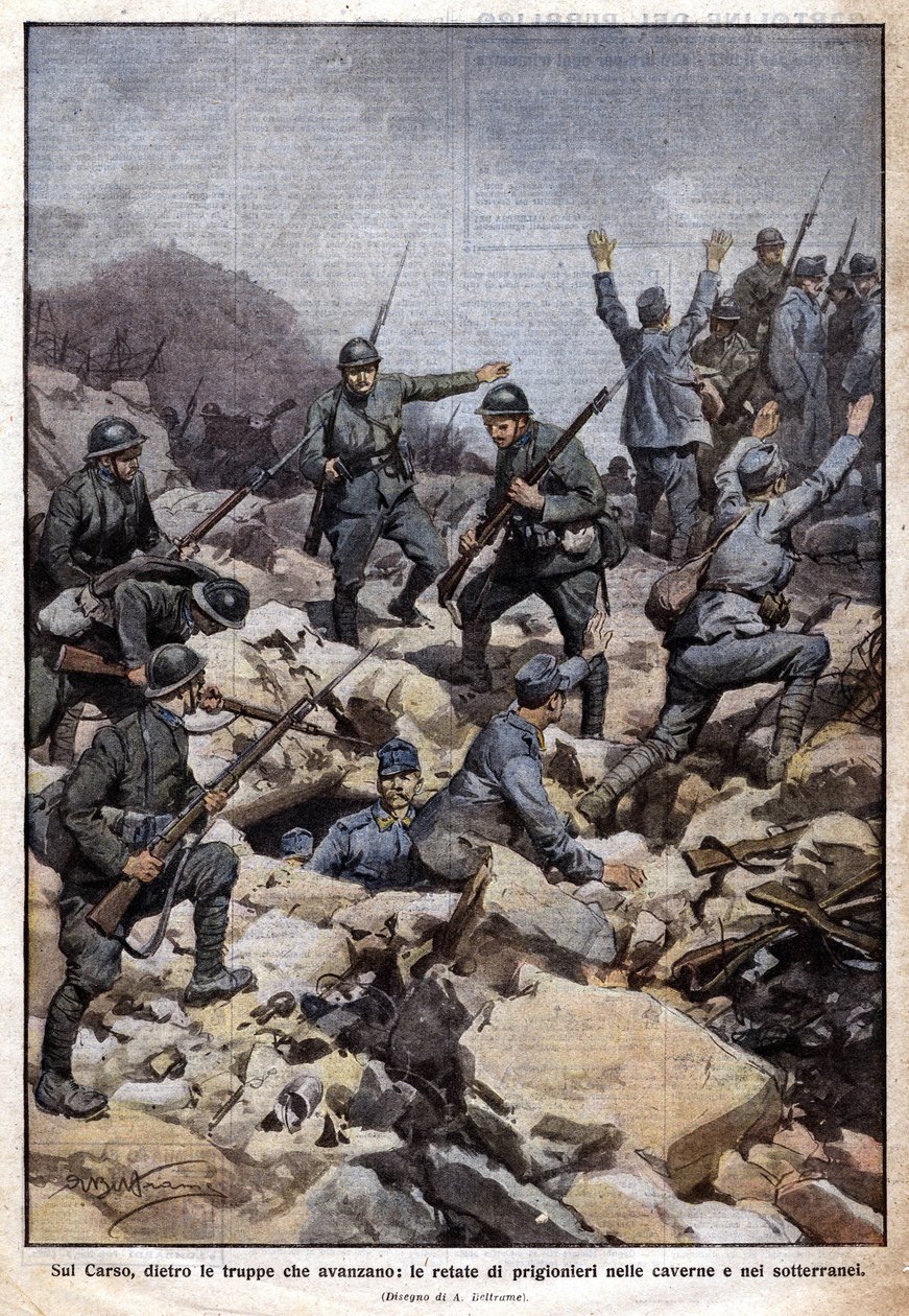 Första världskriget: Italiensk front på Carsoplatån (Trentino) och fångar i tunnelbanan. "Domenica del Corriere". 07/1917 (litografi) av Achille Beltrame