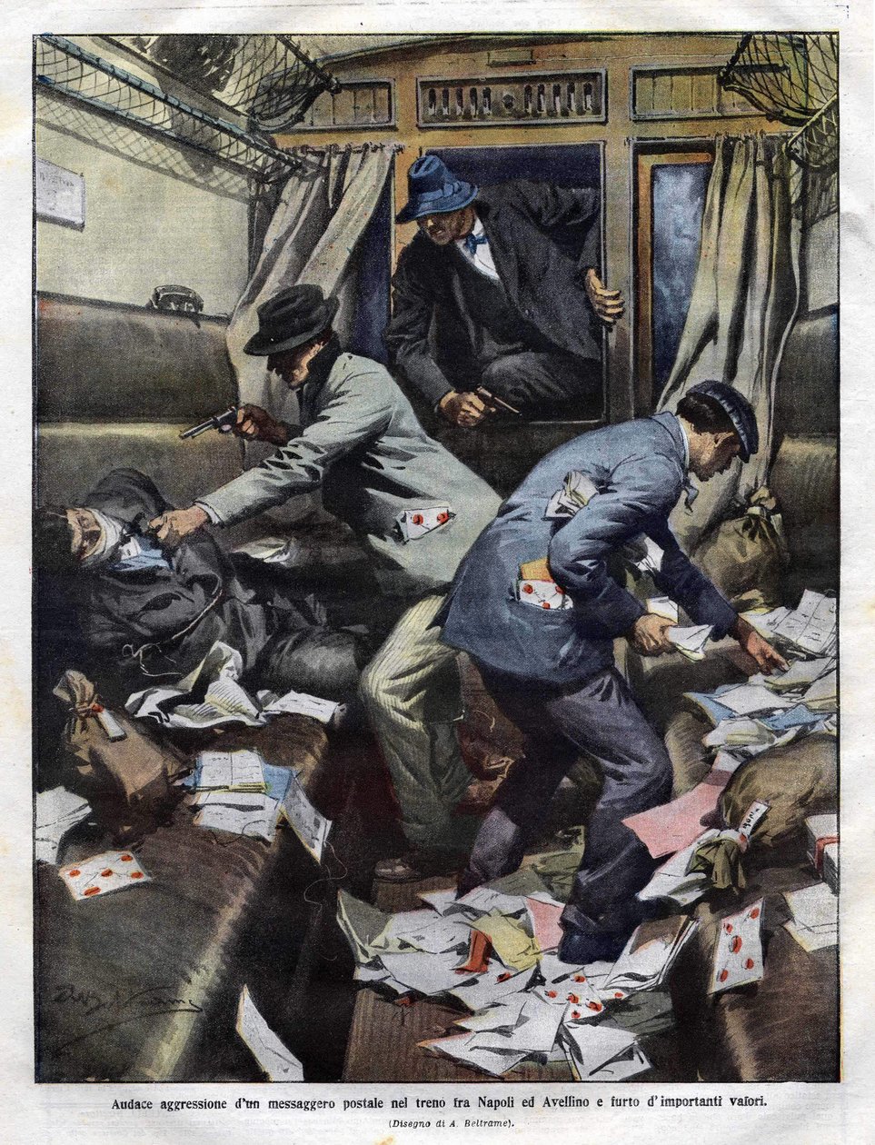 banditer vid överfallet i ett posttåg mellan Neapel och Avellino 1910. Achilles Beltrame-illustration för Domenica del corriere. av Achille Beltrame