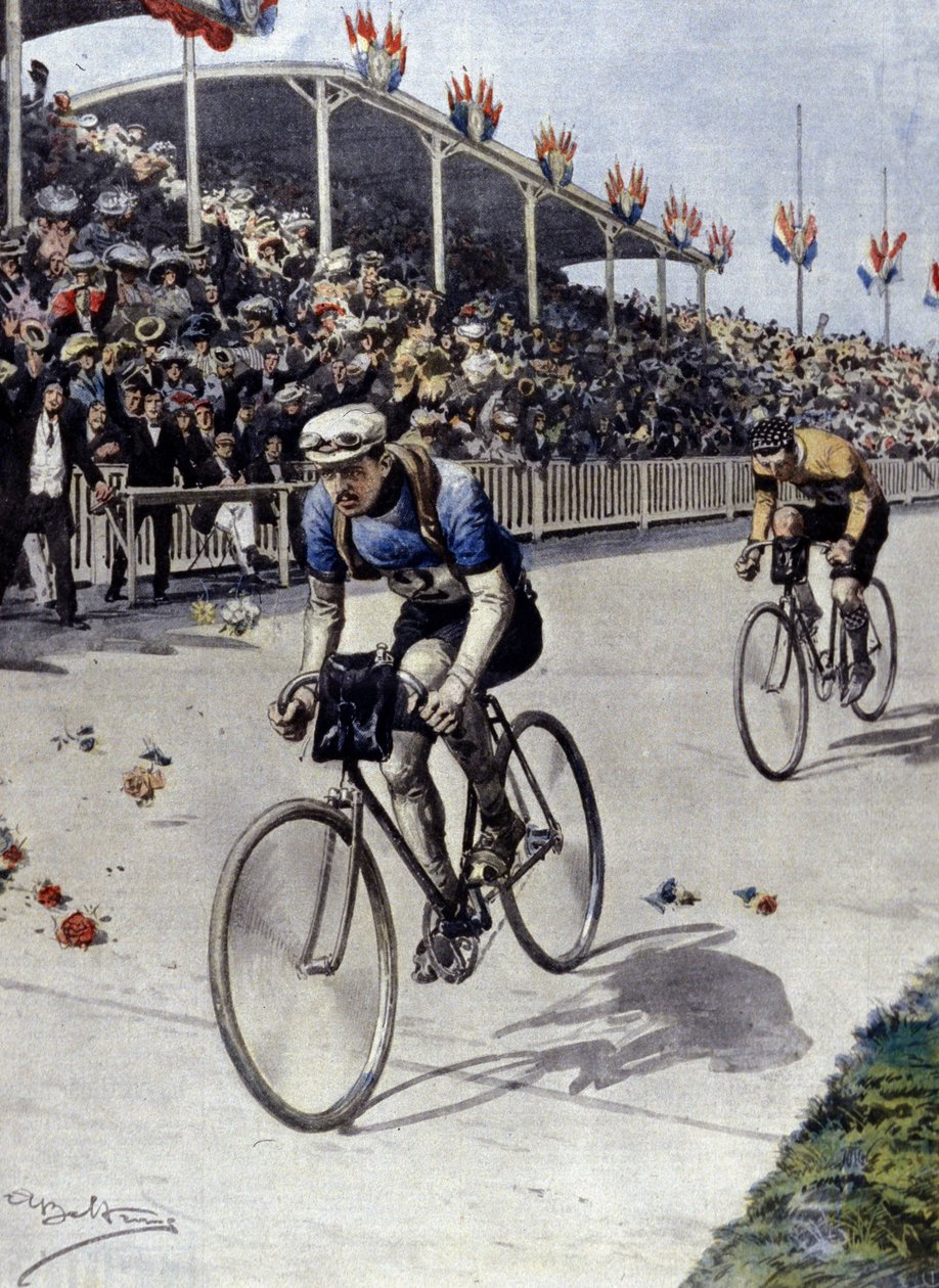 cyklisten Peer Breton Vinnare av Tour de France 1908. illustration av Achille Beltrame. av Achille Beltrame