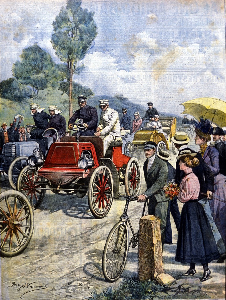 första omgången av Italien med bil 1901 illustration av Achilles Beltrame av Achille Beltrame