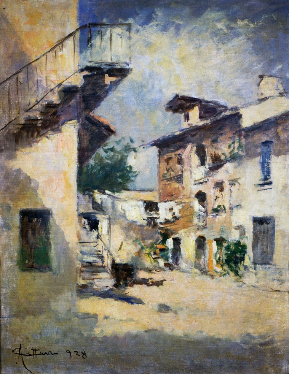 Interiör av rustik innergård, av Achille Cattaneo (1872-1931). Italien, 1900-talet. av Achille Cattaneo