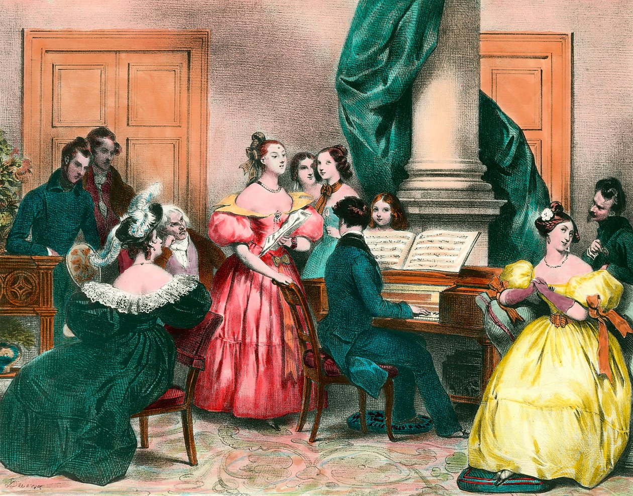 En musikalisk eftermiddag i familjen Gravyr av Achille Deveria (1800-1857) Gravyr från 1800-talet. Privat samling av Achille Devéria