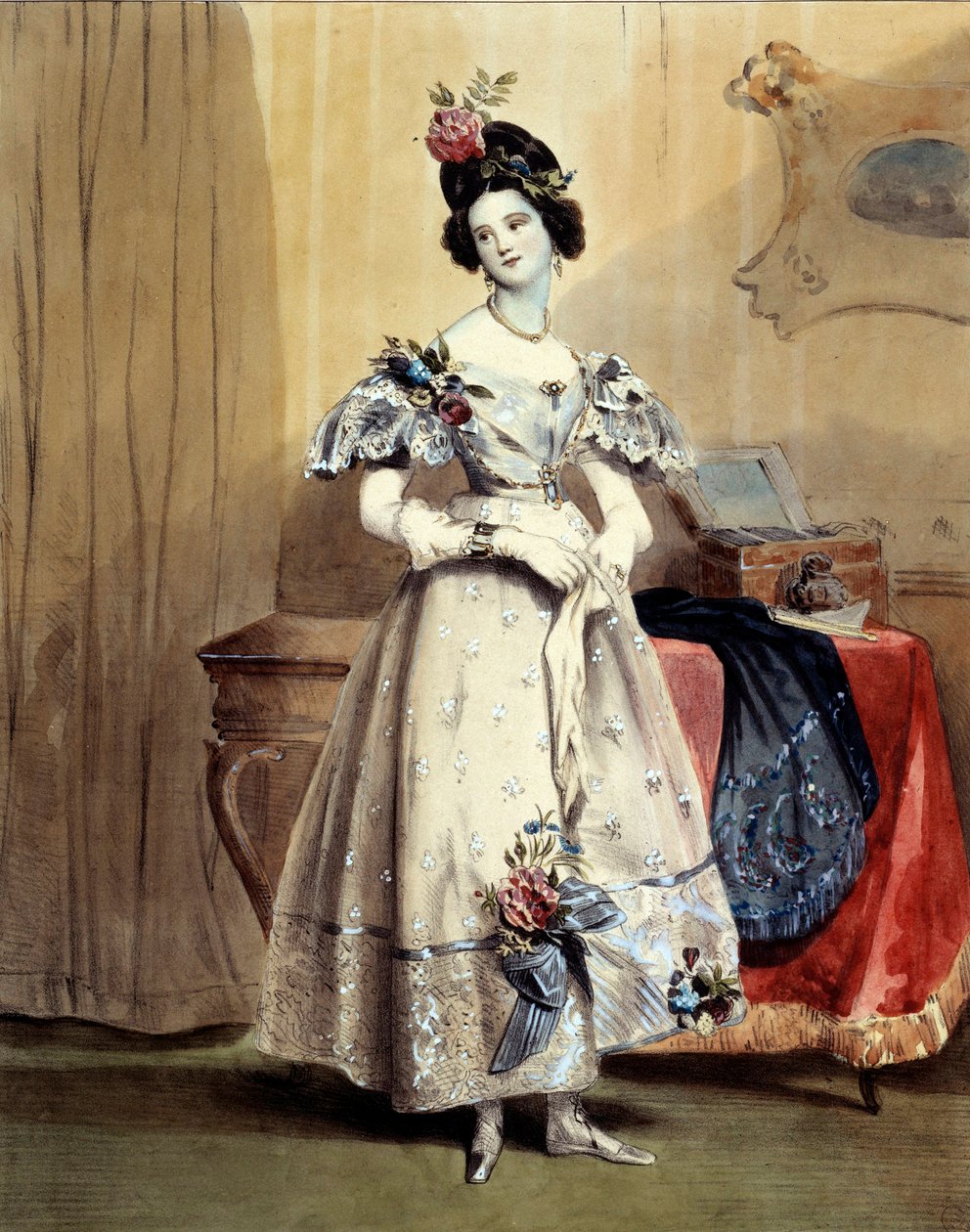 Klockan elva på kvällen, ung tjej på kvällstoalett (Akvarell) 1800-talet av Achille Devéria