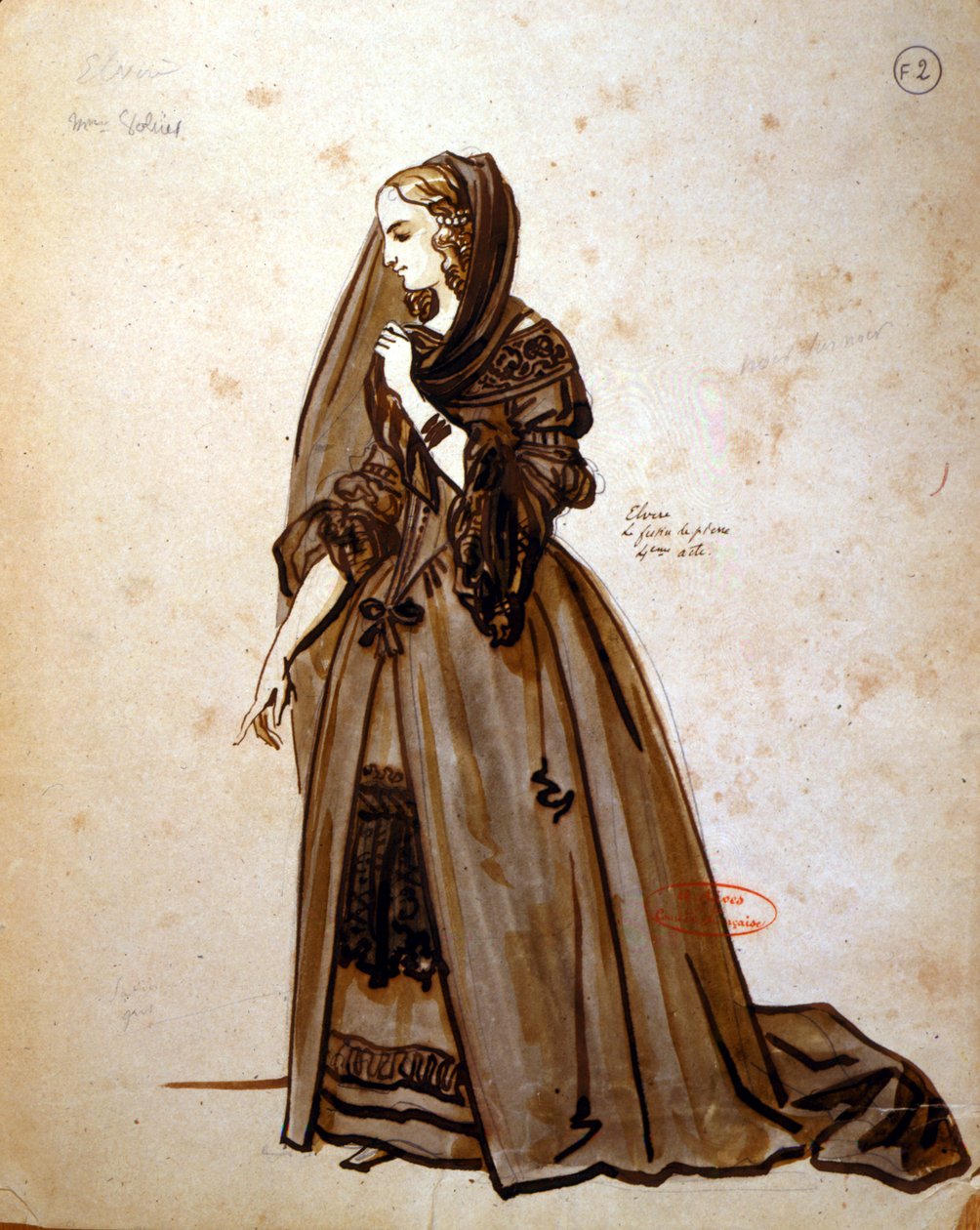 Kostymdesign för rollen som Dona Elvire i en uppsättning av "Don Juan" av Moliere (1622-73) på Comedie Francaise 1847 (penna och bläck samt wc på papper). av Achille Devéria