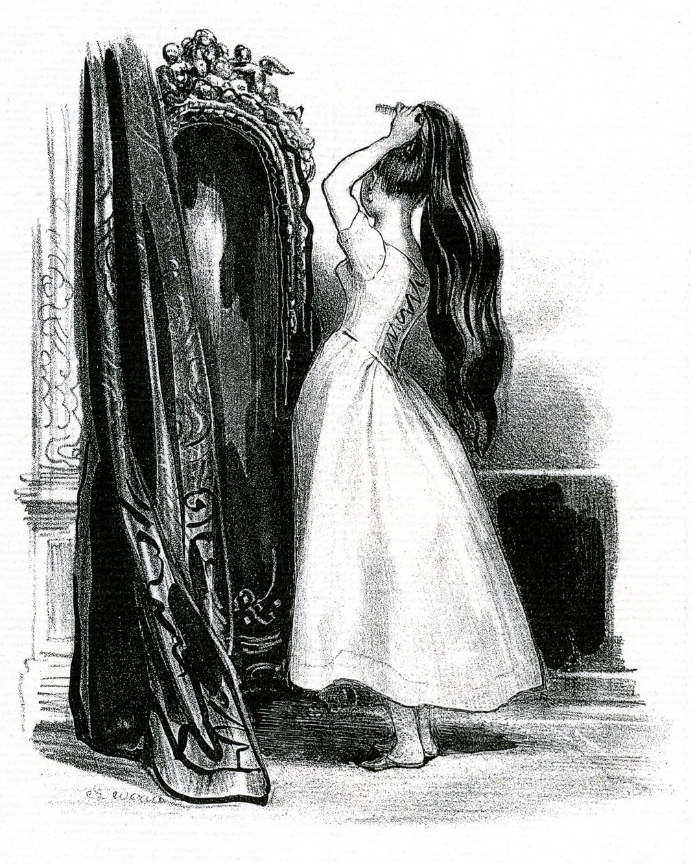Madame Bovary, för Gustave Flauberts roman - Emma Bovary hopar sitt långa hår framför sin spegel av Achille Devéria