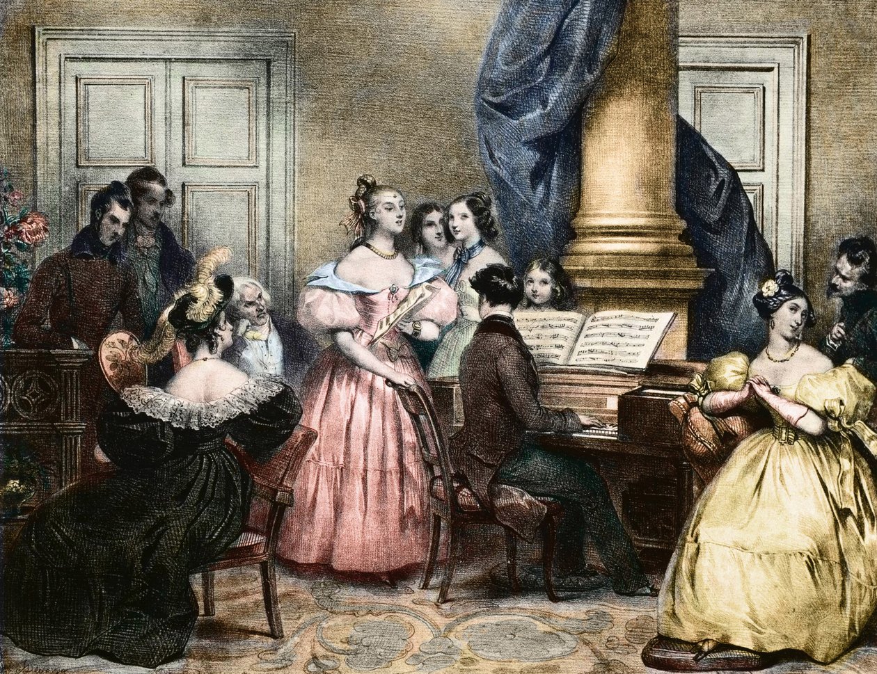 Musical Evening Party - Musikalisk kväll runt pianoforte - av Achille Deveria (1800-1857) ca. 1840 av Achille Devéria