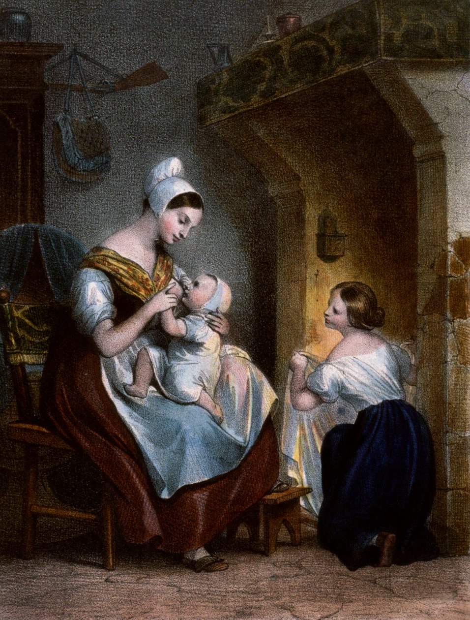 Sjuksköterska som ammar ett barn. Litografi, c.1850 av Achille Devéria