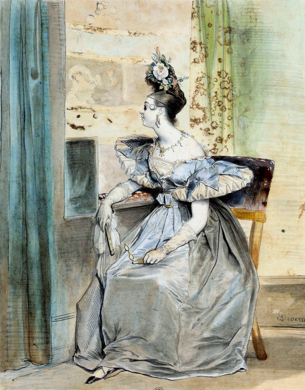 Porträtt av Marie Nodier i en teaterloge vid 10-tiden. Hans far Charles höll en litterär salong som besöktes av romantiker (Victor Hugo, Lamartine, Vigny, Dumas, Liszt) och hon var musa för några av dem. Akvarell av gravyr av Achille Deveria (18 av Achille Devéria