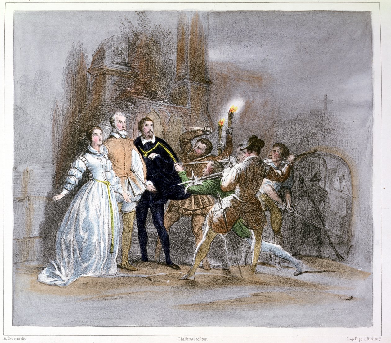 Scen från "Huguenotterna" (1836) av Giacomo Meyerbeer (1791-1864) av Achille Devéria