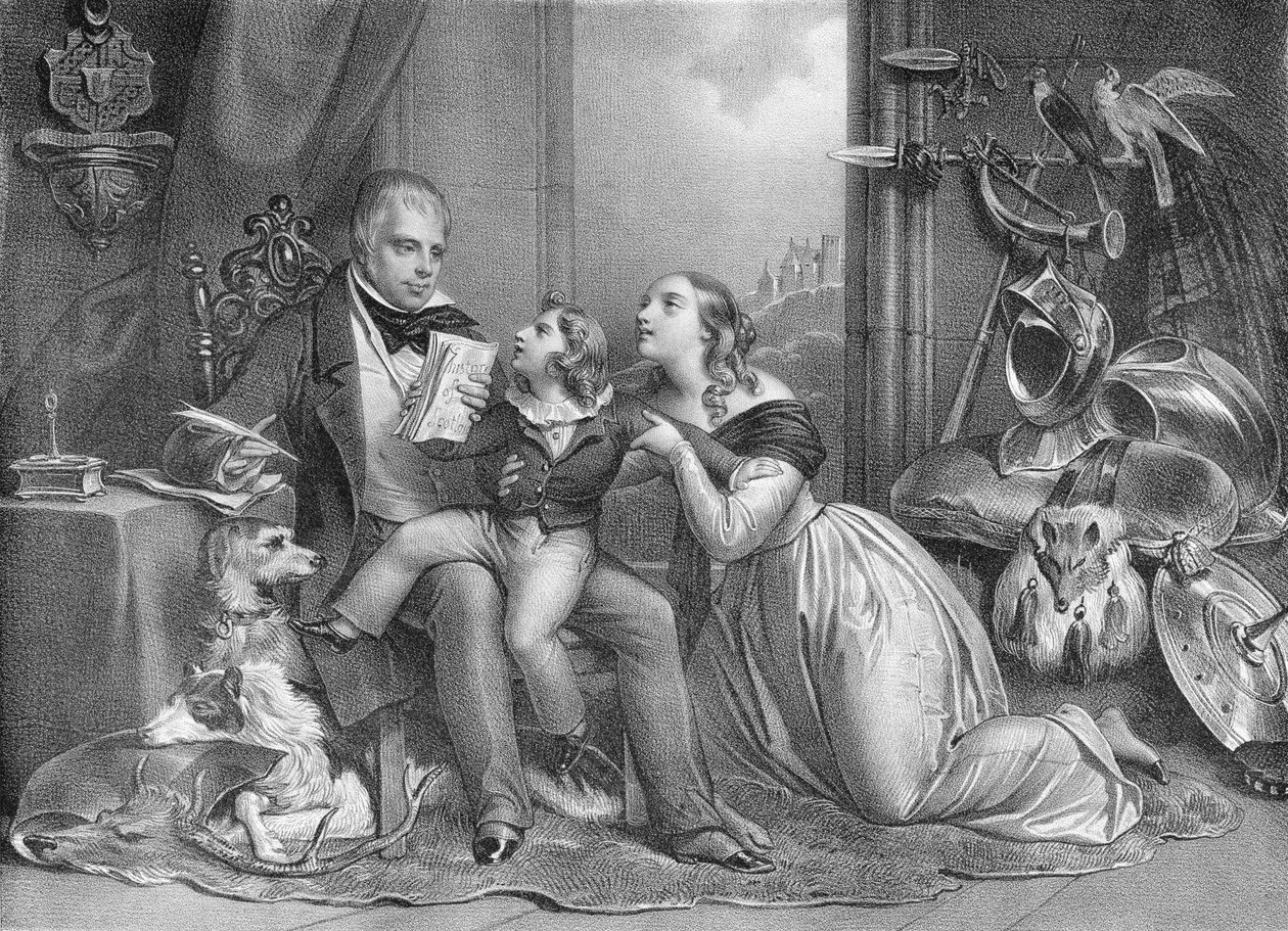 Sir Walter Scott (1771-1832) och hans barnbarn, John Hugh Lockhart (d.1831) av Achille Devéria