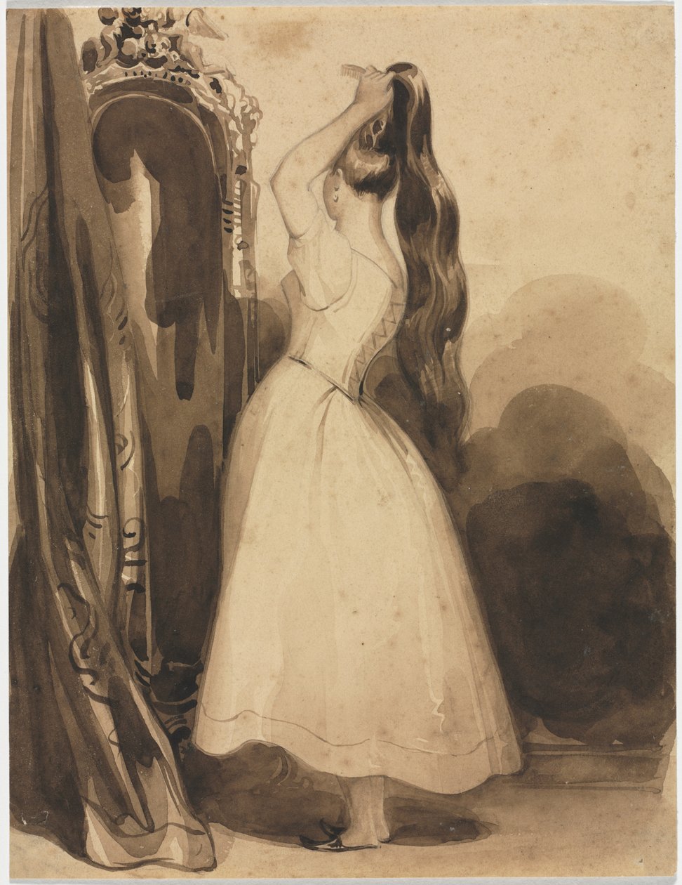Ung kvinna som kammar sitt hår, 1800-talet, före 1857. av Achille Devéria