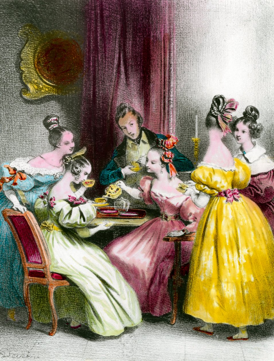 En eftermiddag på Salon de the under restaureringstrycket av Achille Deveria (1800-1857) 1800-tals privatsamling av Achille Devéria