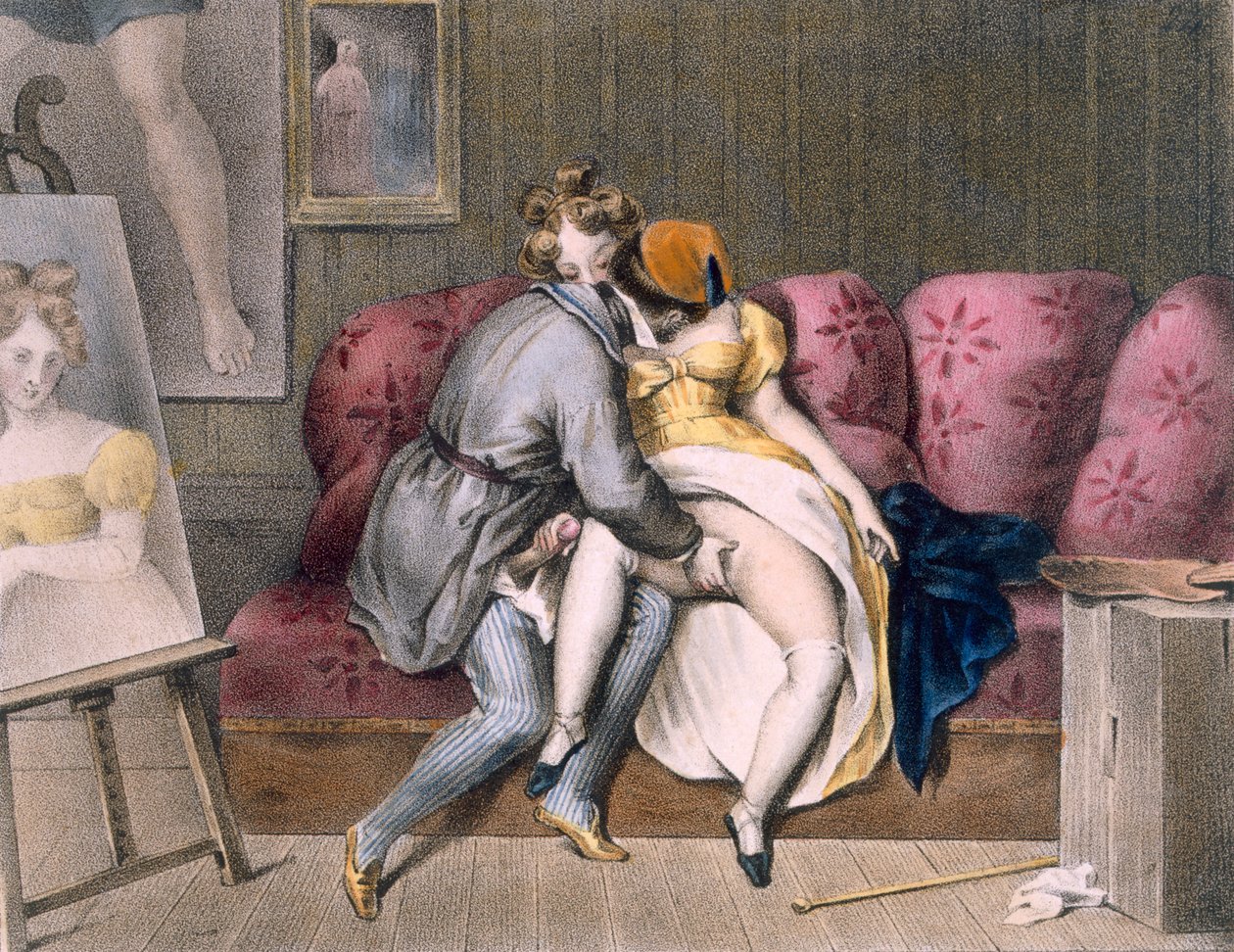 Konstnär och Sitter: manuellt förspel, ca 1830-40 (färg litho) av Achille Devéria