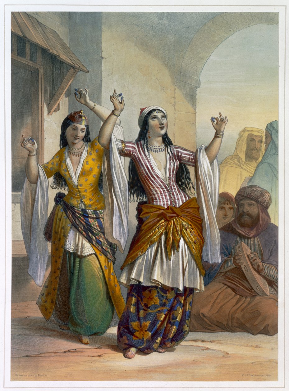 Egyptiska dansande flickor som utför Ghawazi i Rosetta, Egypten, 1848 av Achille Devéria