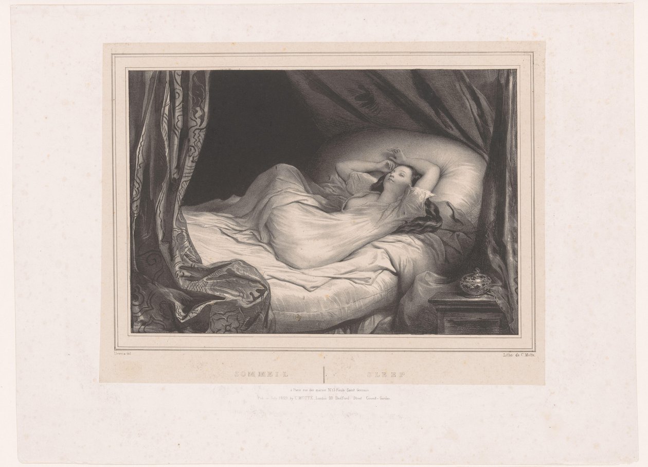 Flicka som sover på sängen Sommeil / Sleep (titel på objekt) av Achille Devéria