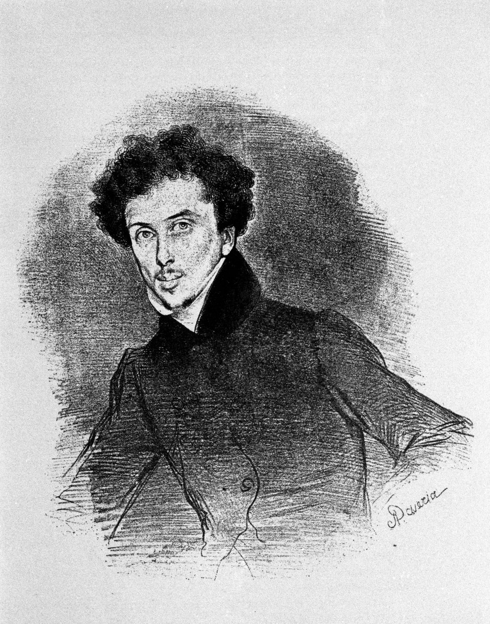 Porträtt av den franske författaren Alexandre Dumas far (1802 - 1870) cirka 1832. Litografi av Deveria. av Achille Devéria