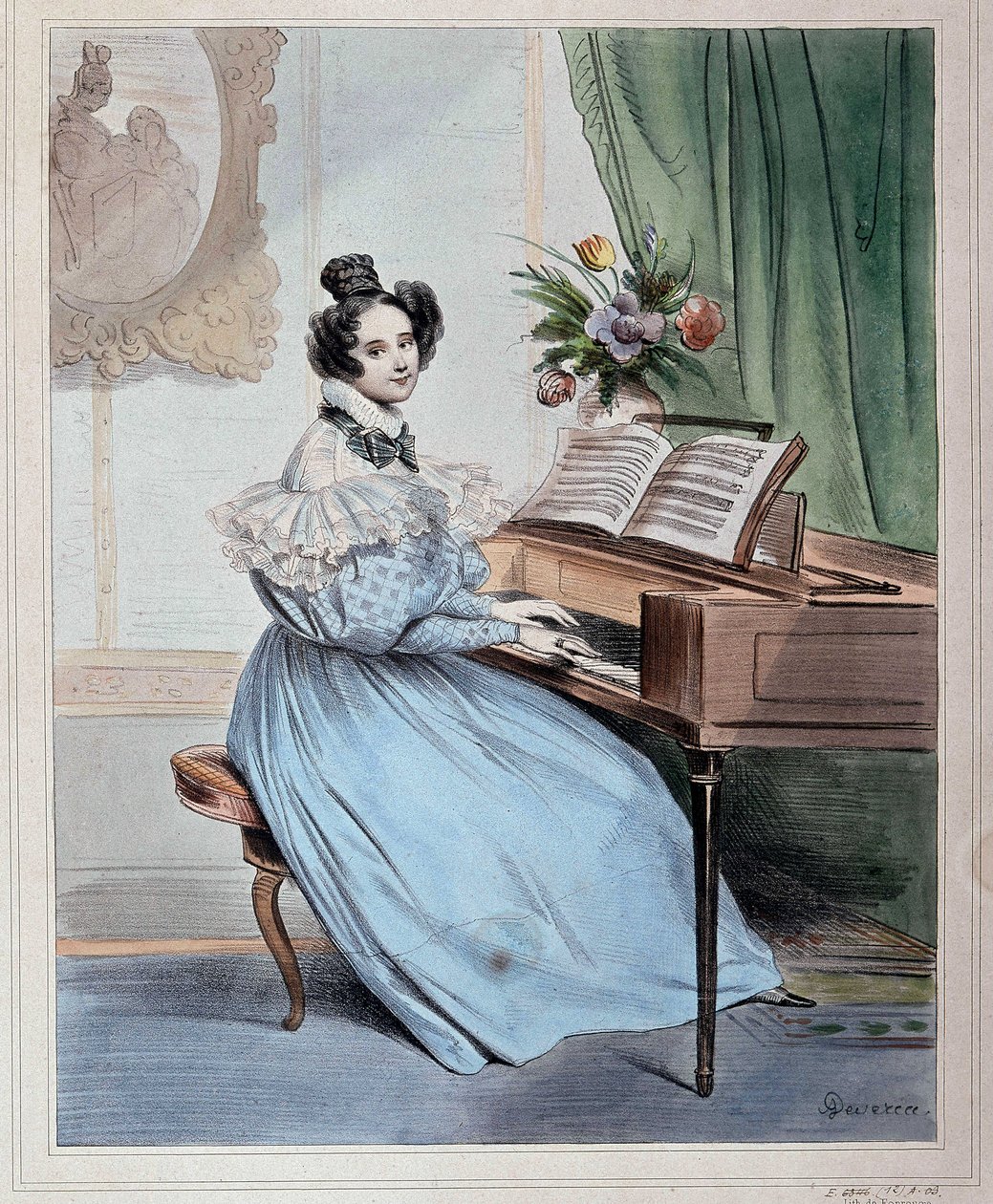Klockan sju på kvällen, kvinna vid pianoforten av Devéria, början av 1800-talet av Achille Devéria