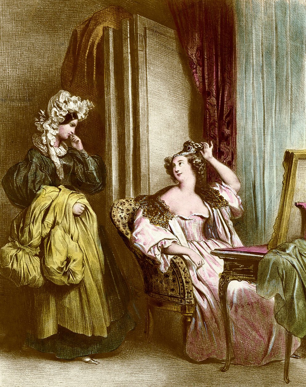 Toaletten: en elegant ung kvinna med sin tjänarinna Litografi av Achilles Deveria (1800-1857) 1800-talssamling Particuliere av Achille Devéria