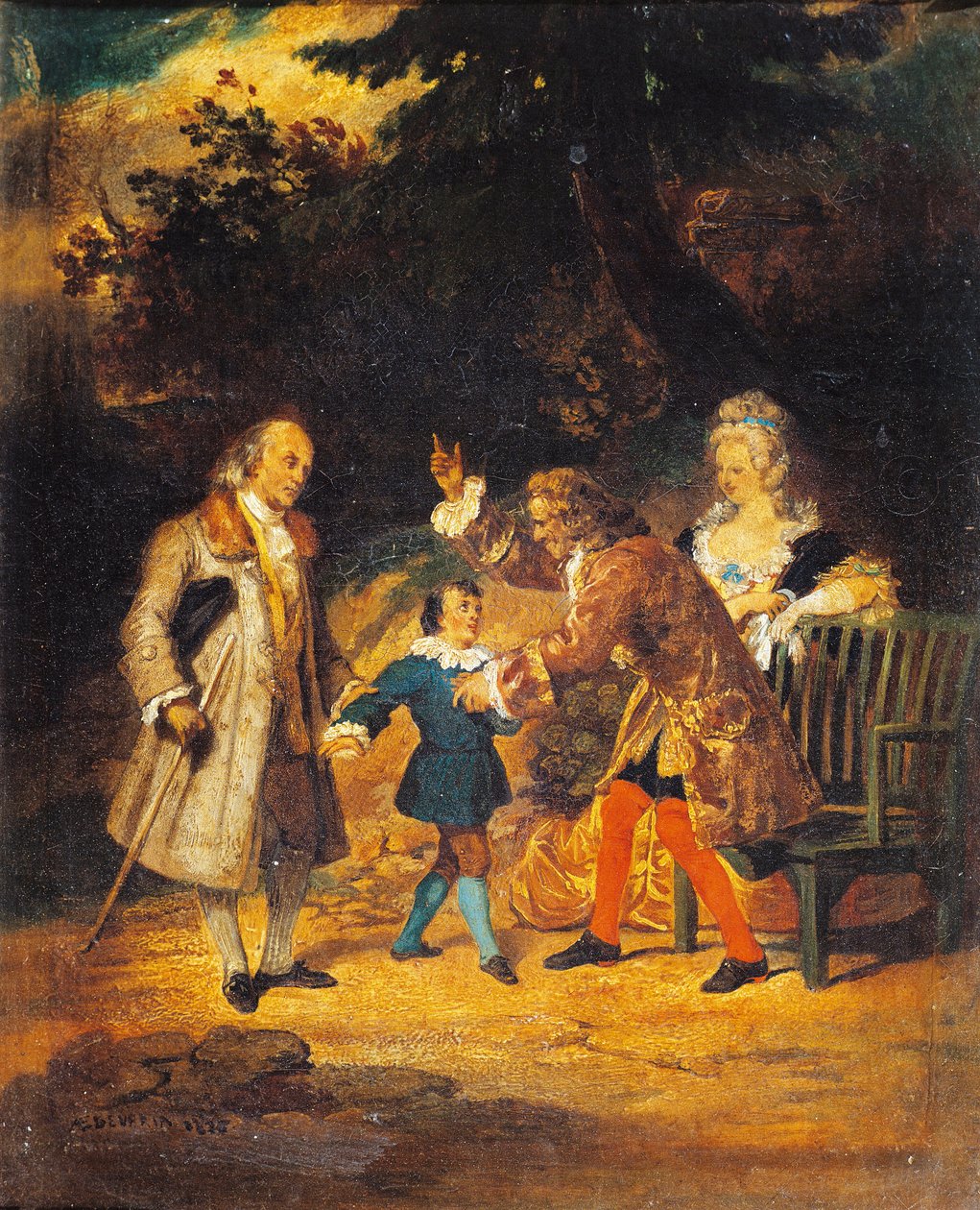 Voltaire (1694-1778) välkomnar Franklin (1706-1790) och hans brorson av Achille Devéria