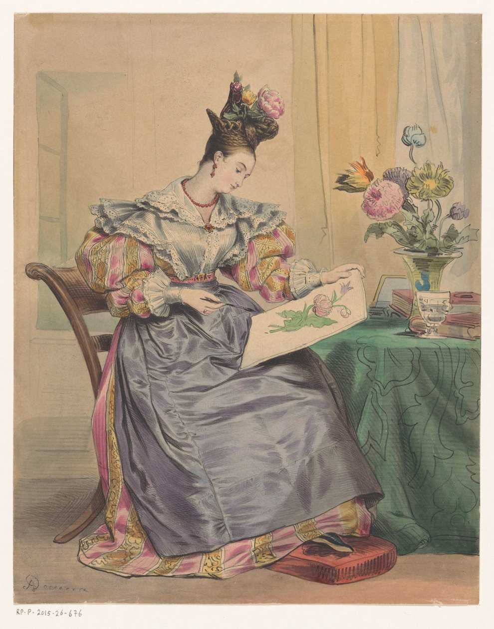 Kvinna som färglägger en bild 4 heures du soir Timmar på dagen (serietitel) Les Heures du jour (serietitel) av Achille Devéria