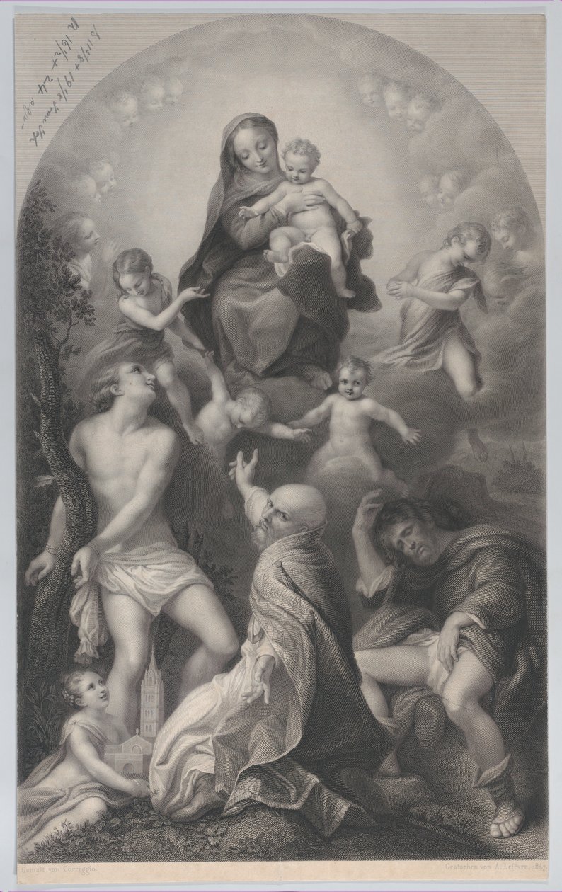 Madonnan av Saint Sebastian, med jungfrun och barnet, omgiven av änglar, ser d..., 1847. av Achille Désiré Lefèvre