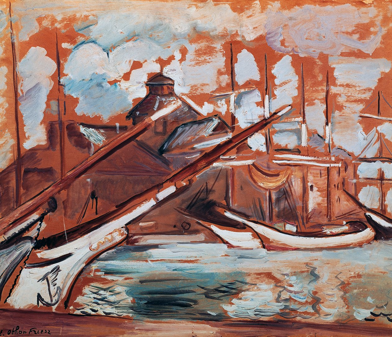 Hamnscen, av Othon Friesz (1879-1949), olja på kartong, 54x65 cm. Frankrike, 1900-talet. av Achille Emile Othon Friesz