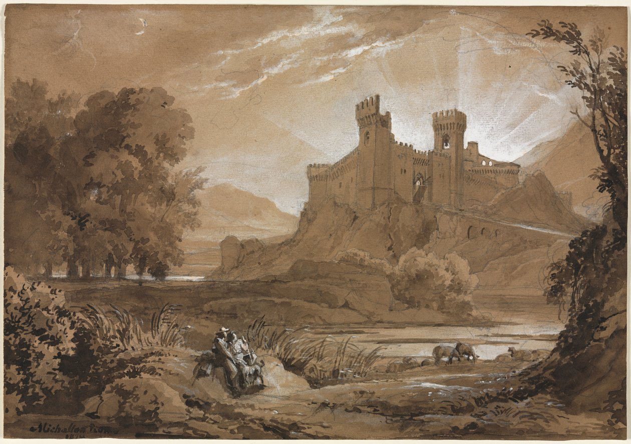 Landskap med slott och herdar, 1814. av Achille Etna Michallon
